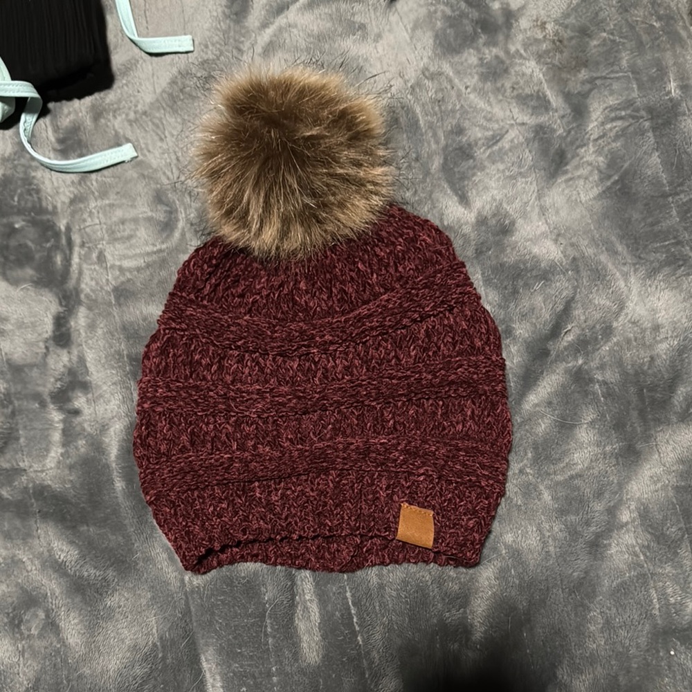 Burgundy Knit Beanie with Faux Fur Pom